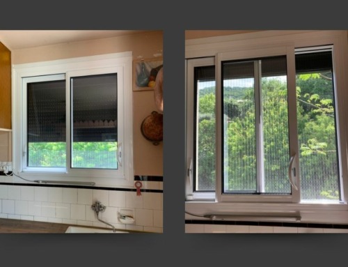 Fenêtre coulissante en aluminium, volet roulant et moustiquaire plissée